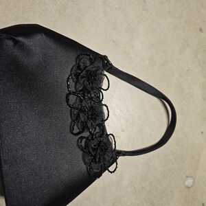 Black Satin Floral Applique Evening Bag